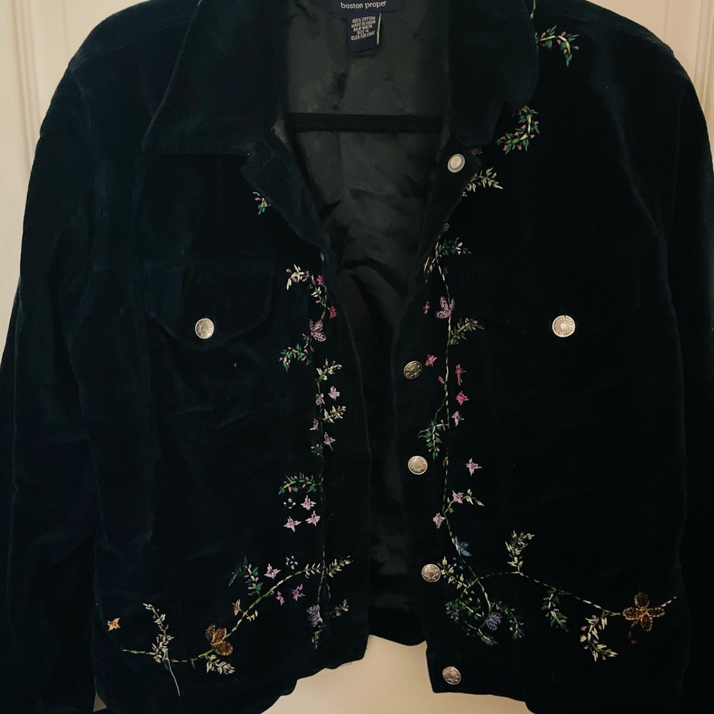 Boston Proper Velvet Black Floral Embroidered Jacket Size M